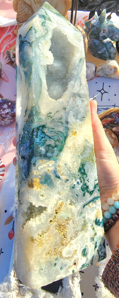 High Quality Moss Agate Druzy Tower