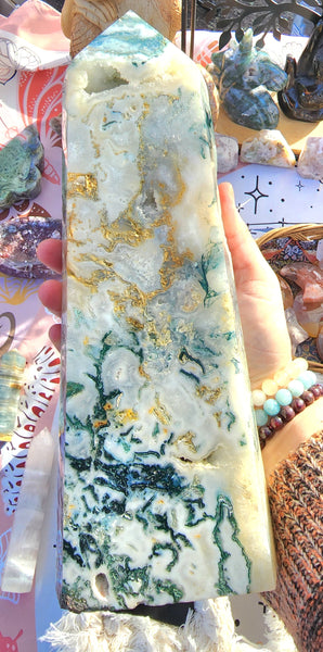 High Quality Moss Agate Druzy Tower