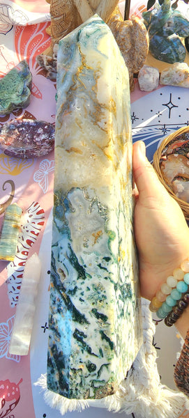 High Quality Moss Agate Druzy Tower