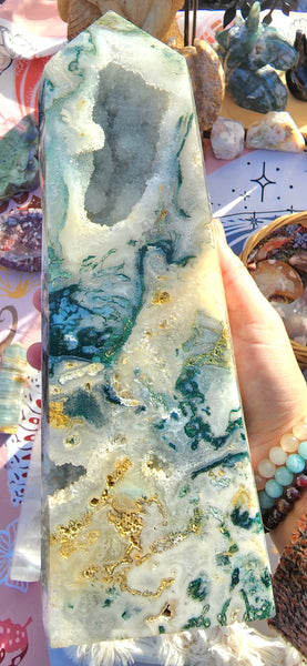 High Quality Moss Agate Druzy Tower