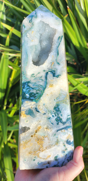 High Quality Moss Agate Druzy Tower