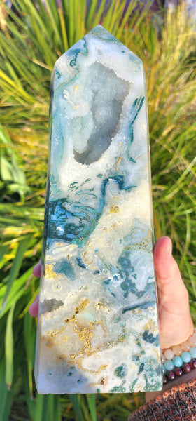 High Quality Moss Agate Druzy Tower
