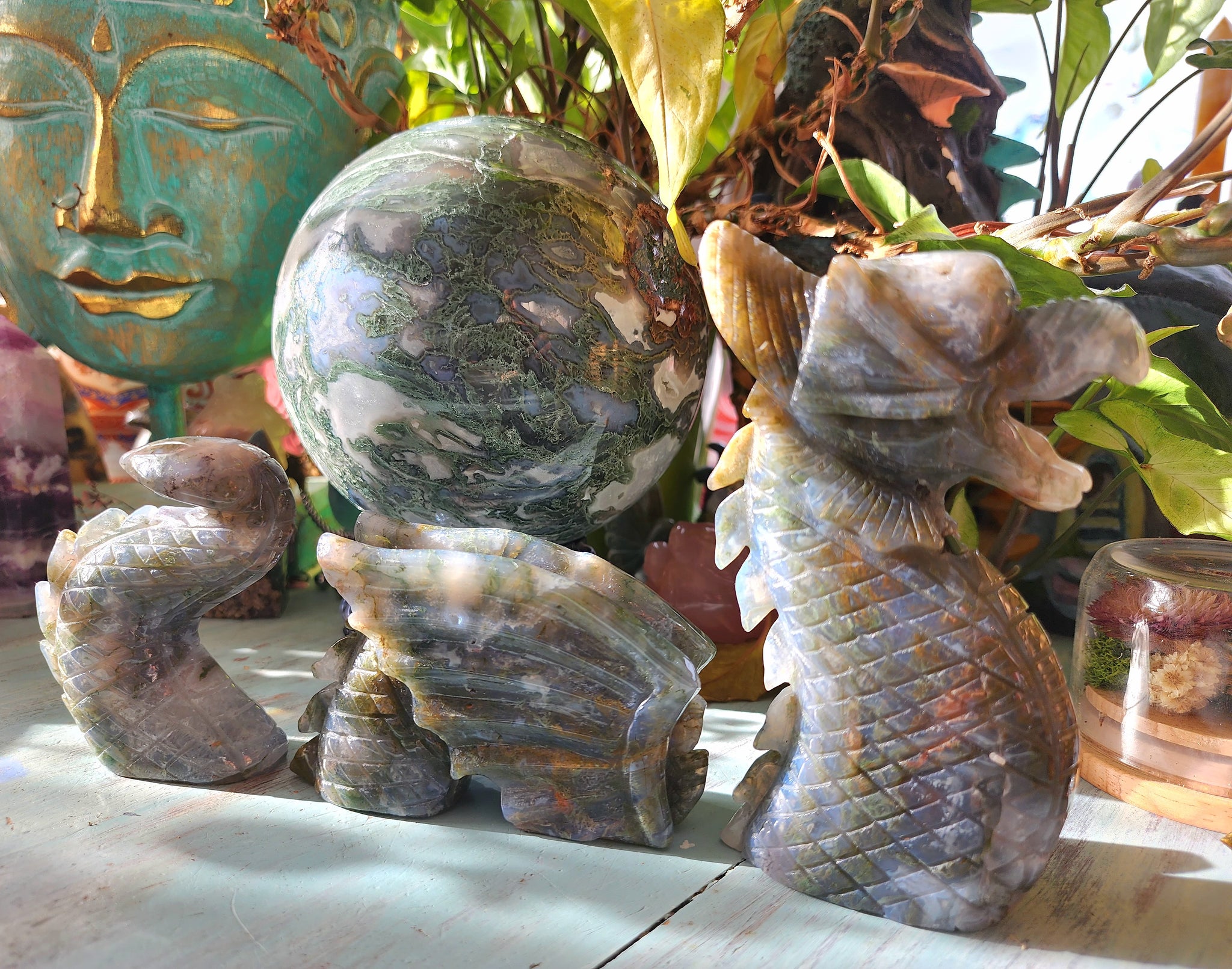 Moss Agate 3 Piece Dragon