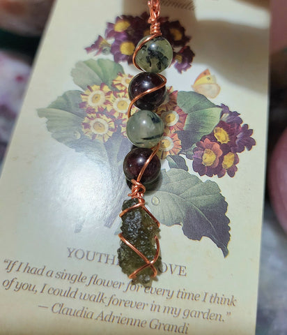 Moldavite Garnet & Prehnite Pendant