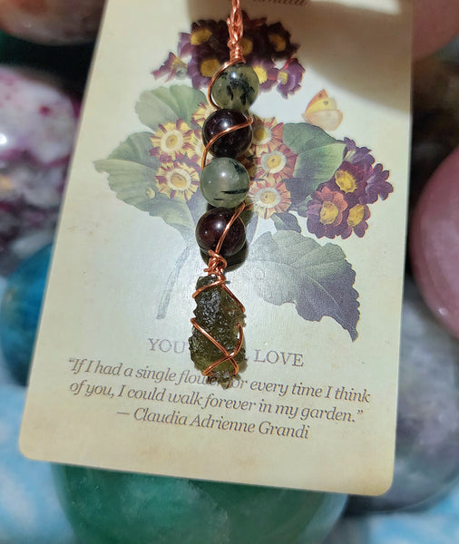 Moldavite Garnet & Prehnite Pendant