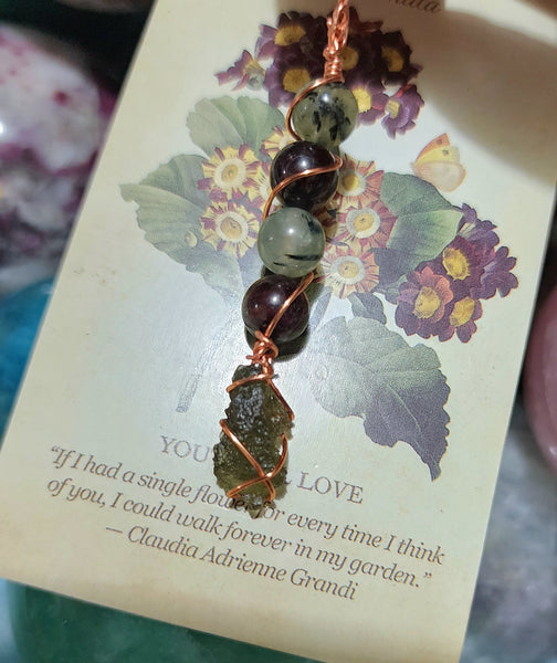 Moldavite Garnet & Prehnite Pendant