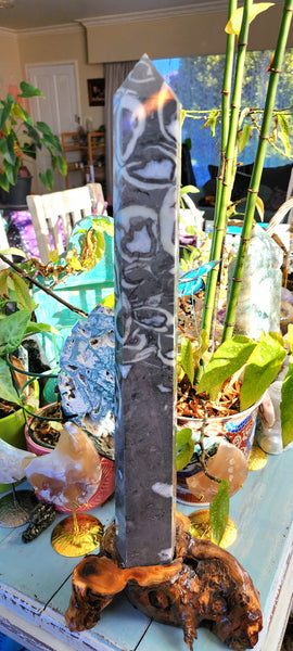 Huge Thousand Eye Jasper Tower with Driftwood Stand